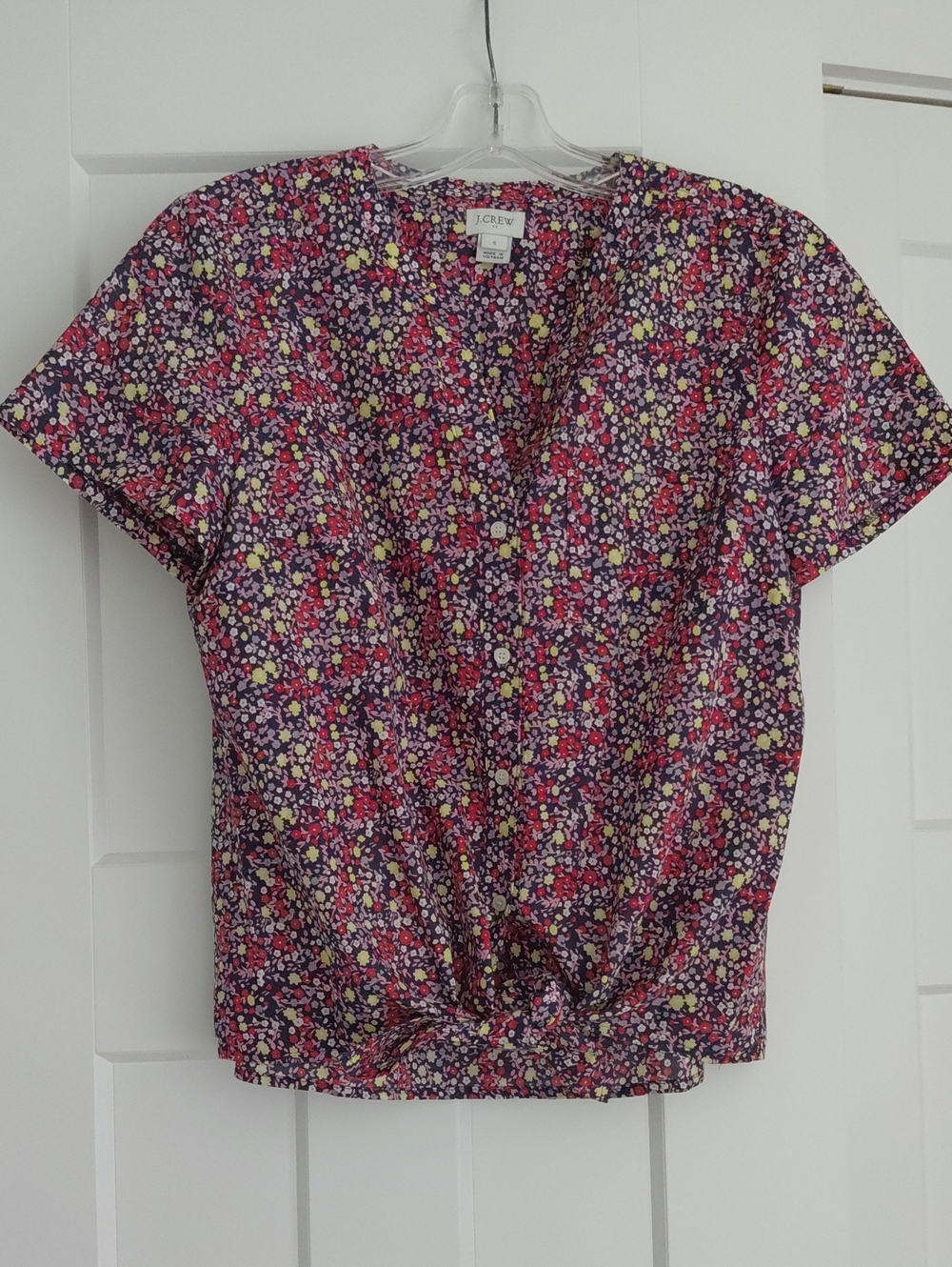 J. Crew Women's Purple Floral Twist-Hem Short Sleeve Blouse